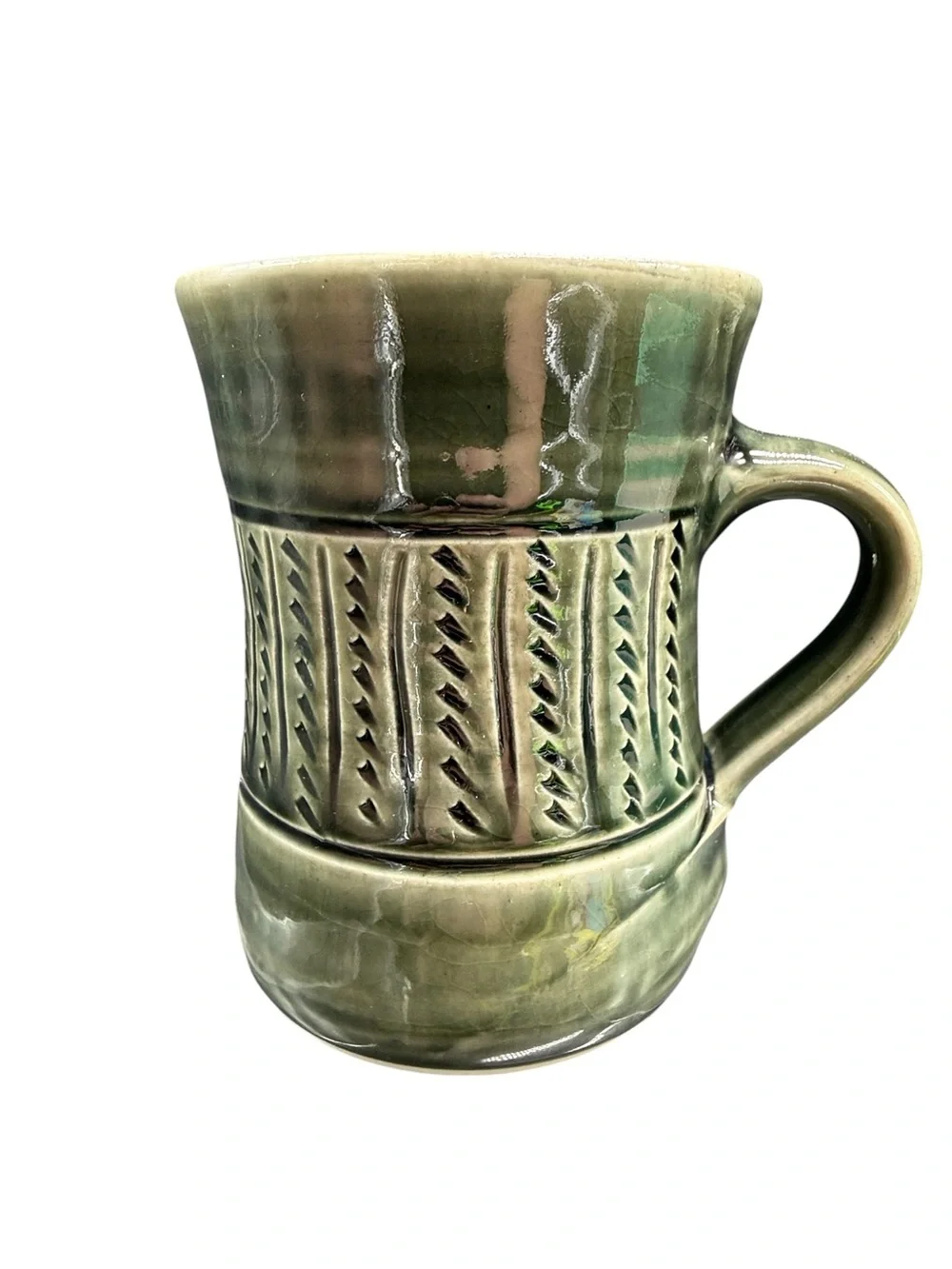 Studio Pottery Mug Green Drip Glaze Stoneware Coffee Cup Signed DTP J